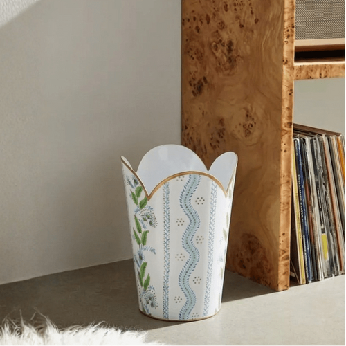 Emma Stripe Blue and Green Enameled Bathroom Trash Can, Wastebasket, Dustbin for Bedroom, Home Office, Vanity - Tulip Shape without Lid - Wastebaskets from Jaye's Studio