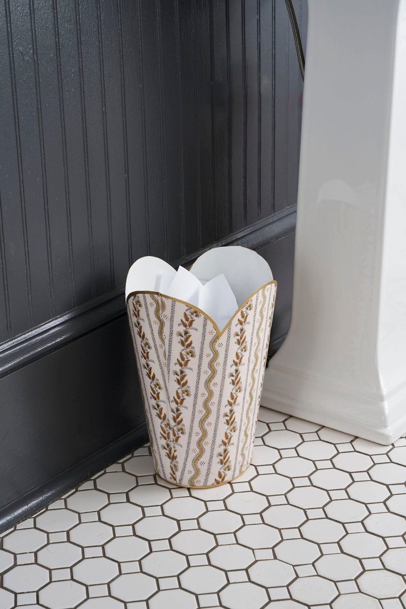 Emma Stripe Brown Enameled Bathroom Trash Can, Wastebasket, Dustbin for Bedroom, Home Office, Vanity - Tulip Shape without Lid - Wastebaskets from Jaye's Studio