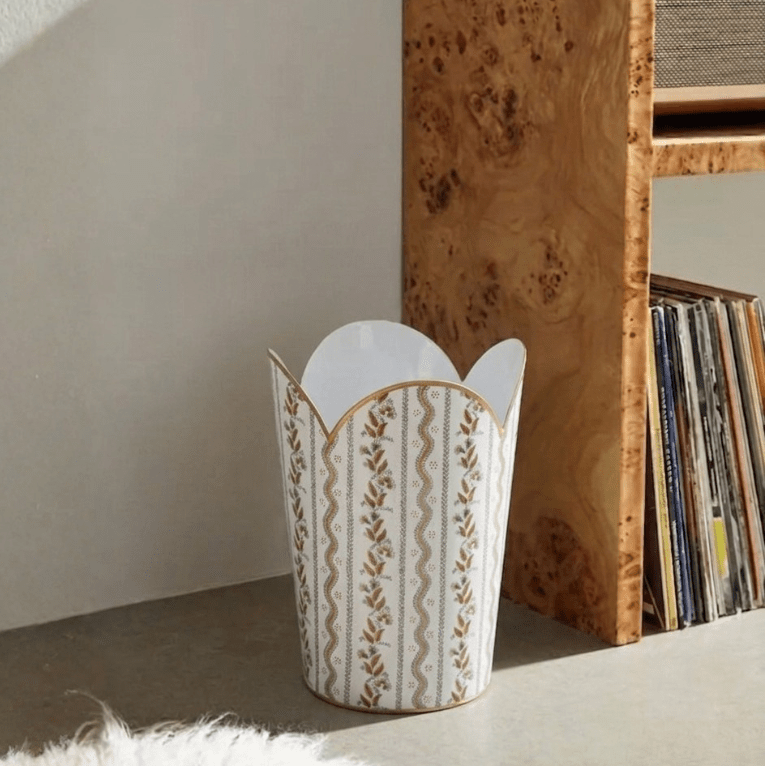 Emma Stripe Brown Enameled Bathroom Trash Can, Wastebasket, Dustbin for Bedroom, Home Office, Vanity - Tulip Shape without Lid - Wastebaskets from Jaye's Studio
