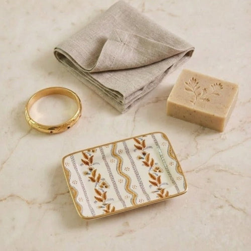 Emma Stripe Brown Enameled Rectangle Soap Dish, Catch All Tray, Jewelry Tray for Bathroom, Vanity, Sink - Decorative Laney Tray - Trinket Trays from Jaye's Studio