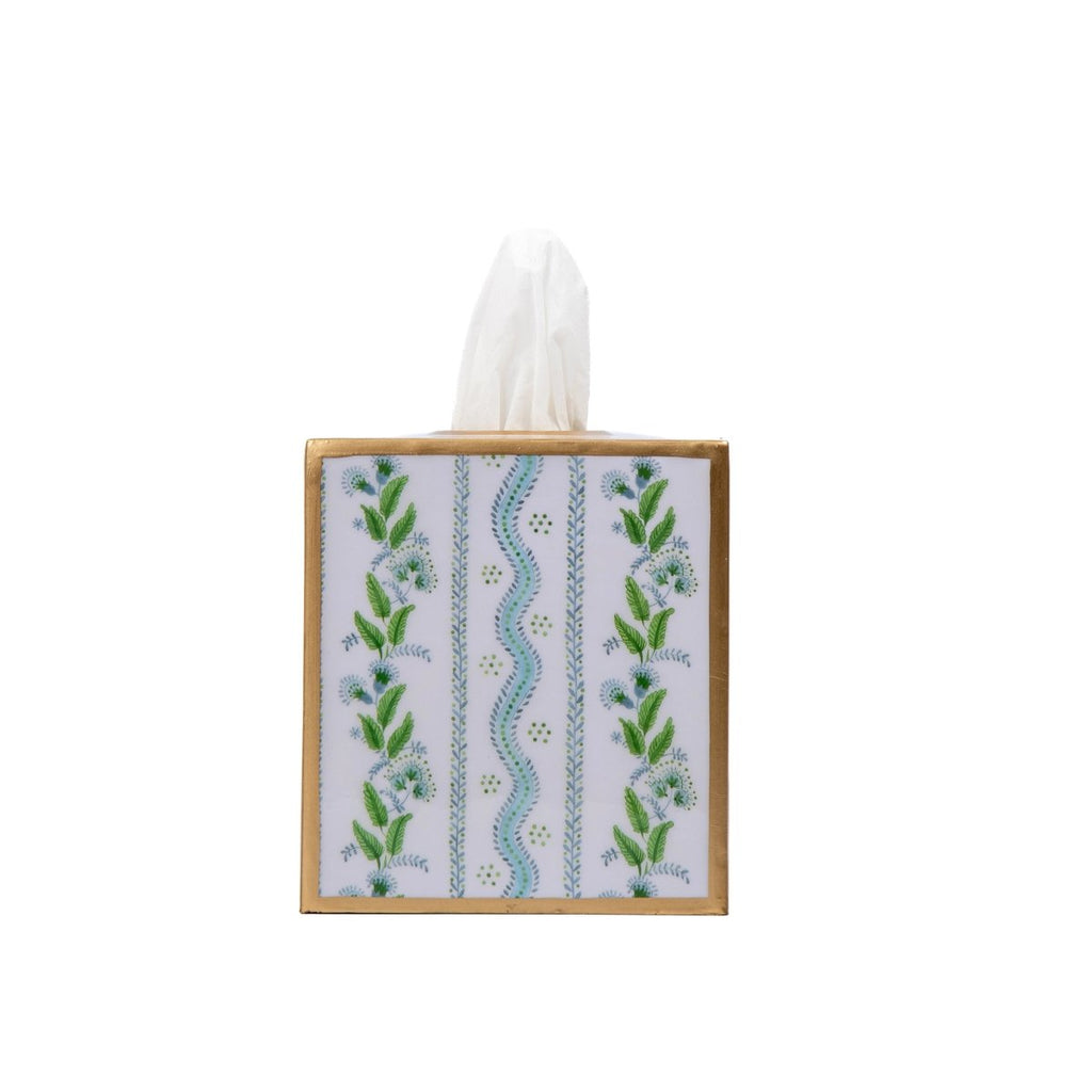 Emma Stripe Enameled Blue and Green Square Metal Tissue Box Cover for Bathroom, Vanity, Bedroom, Home Office - Tissue Box Cover from Jaye's Studio