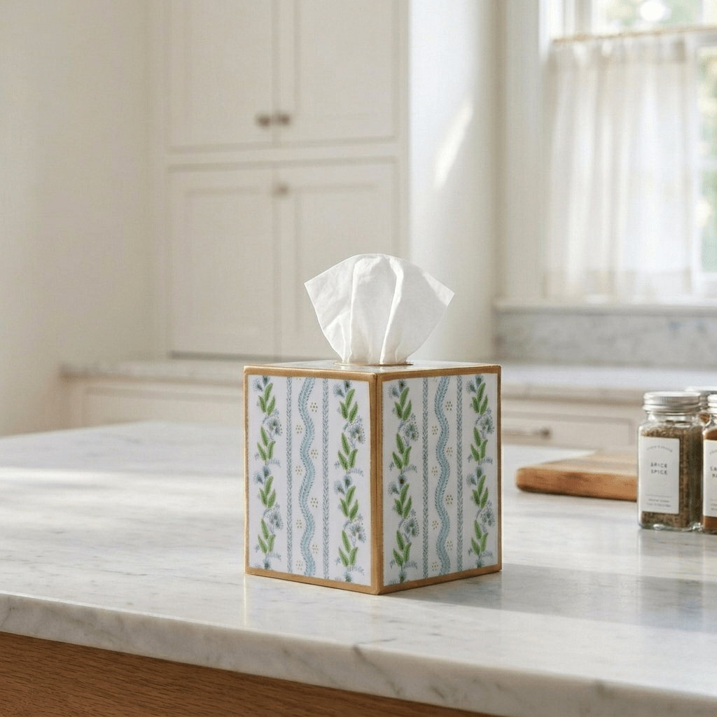Emma Stripe Enameled Blue and Green Square Metal Tissue Box Cover for Bathroom, Vanity, Bedroom, Home Office - Tissue Box Cover from Jaye's Studio