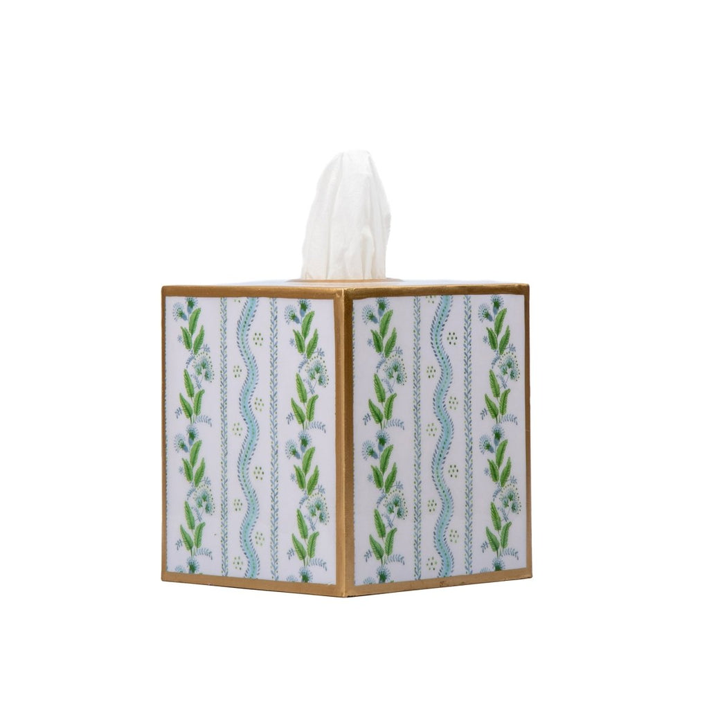 Emma Stripe Enameled Blue and Green Square Metal Tissue Box Cover for Bathroom, Vanity, Bedroom, Home Office - Tissue Box Cover from Jaye's Studio