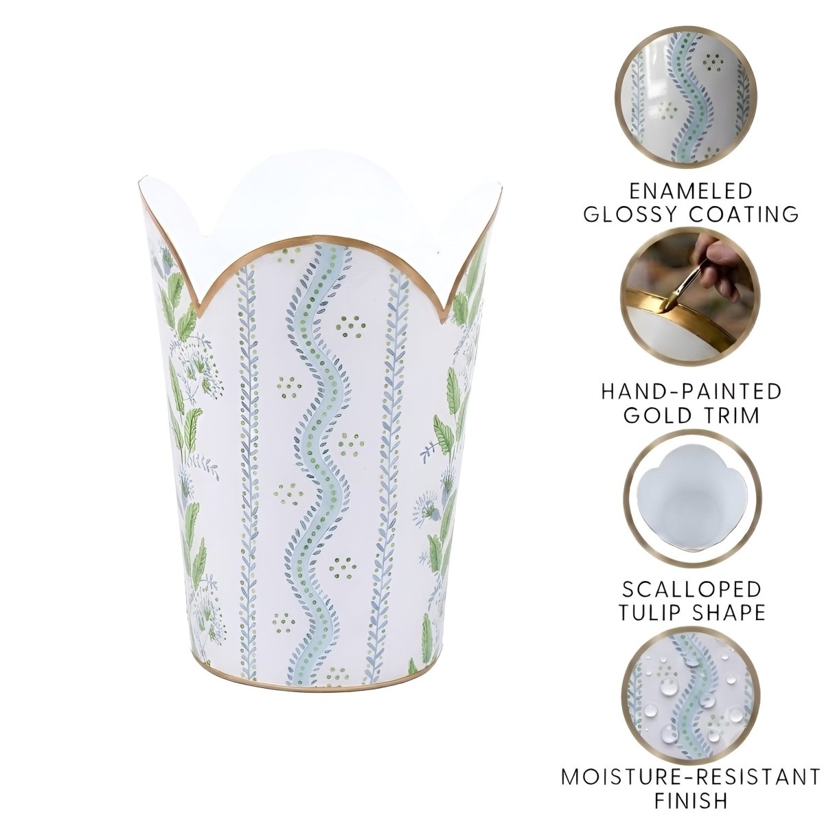 Emma Stripe Enameled Tulip Wastebasket - Wastebaskets from Jaye's Studio