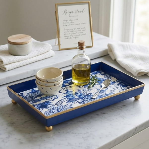 Garden Party Enameled Oliver Tray 8x12 White & Blue | Jaye's Studio