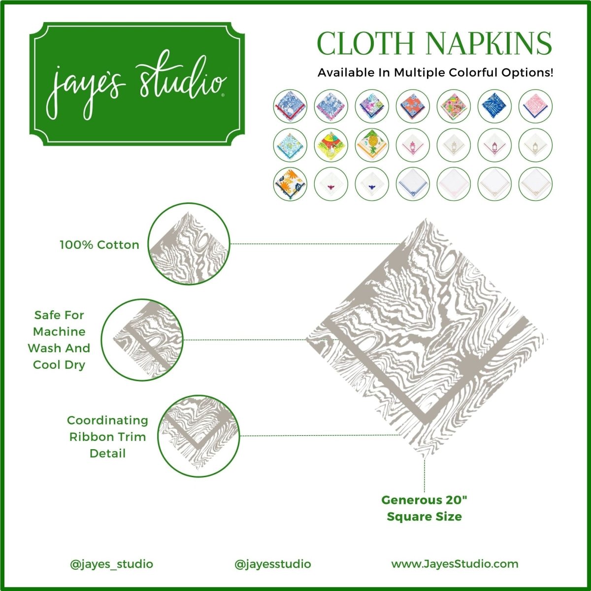 Faux Bois White and Taupe Cotton Sateen Napkin for Table Setting, Dinnerware, Entertaining (Pack of 4) - Cloth Napkins from Jaye's Studio