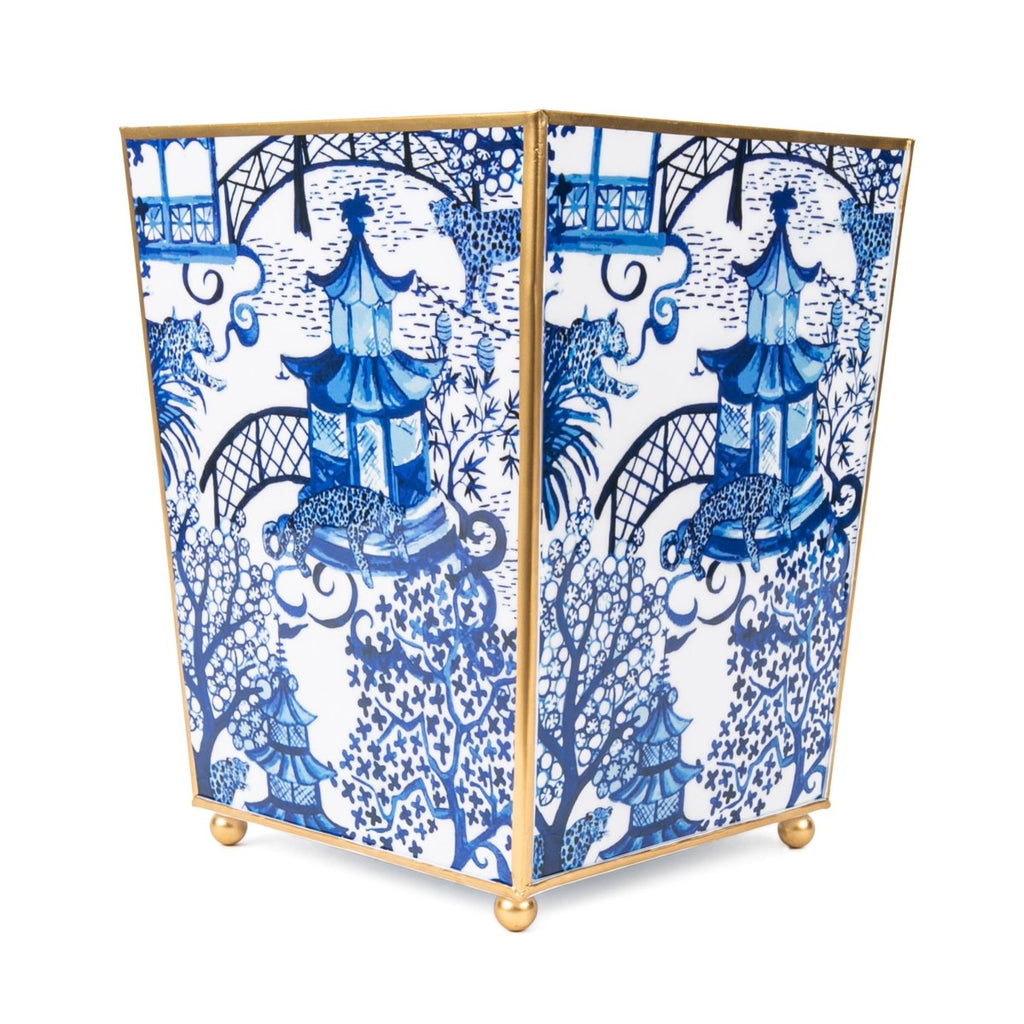 Garden Party Blue Enameled Bathroom Trash Can, Wastebasket, Dustbin for Bedroom, Home Office, Vanity - Square without Lid - Wastebaskets from Jaye's Studio
