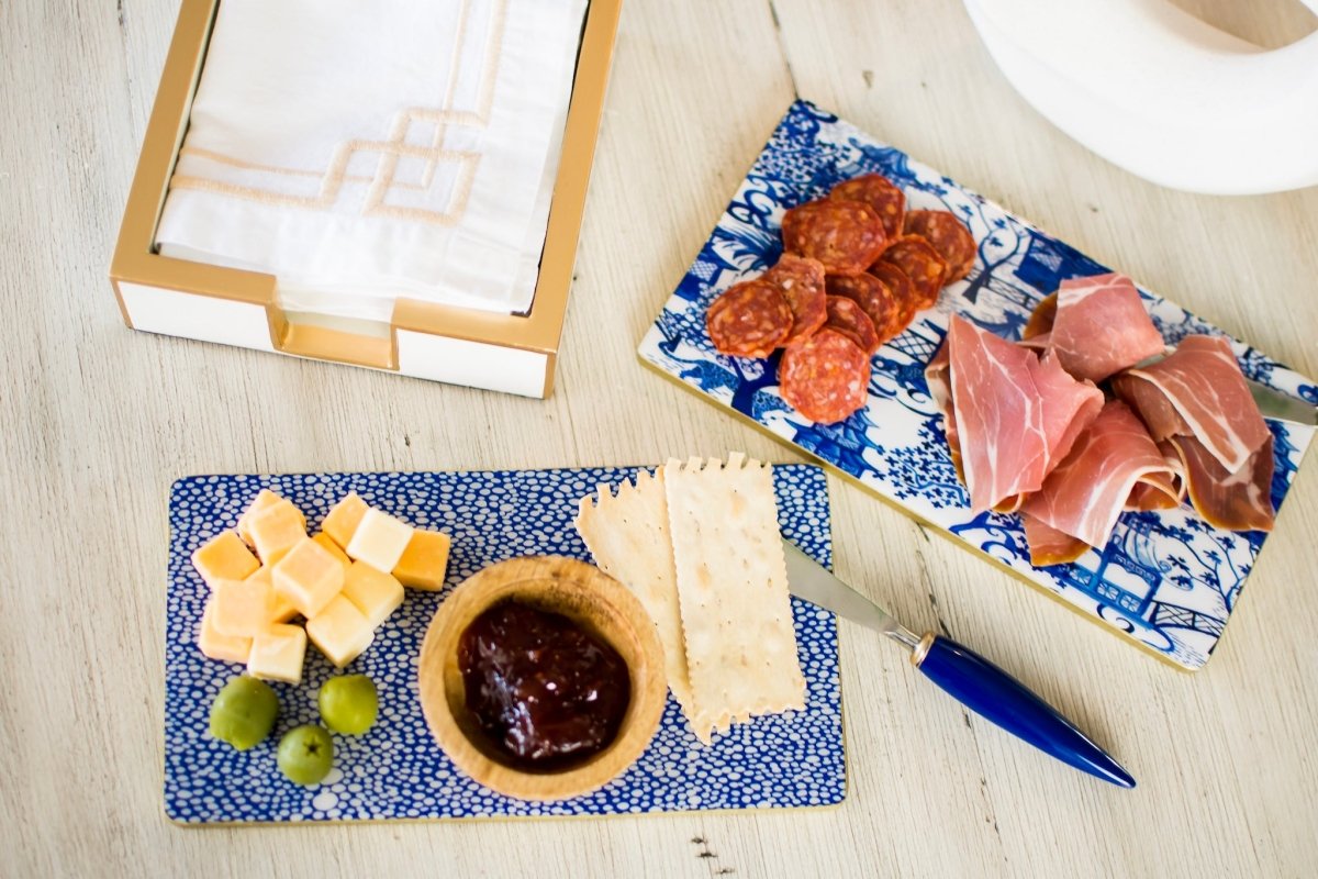 Garden Party Enameled Blue and White Charcuterie Board, Wooden Cutting Board, Barware, Chopping Board for Serving and Food Prep - Cutting Board from Jaye's Studio