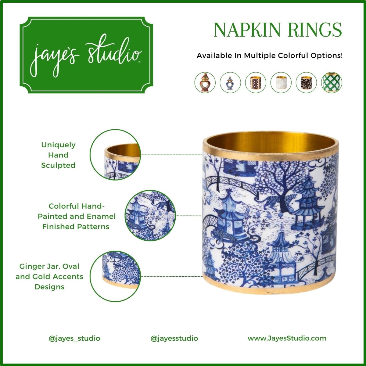 Garden Party Enameled White and Blue Napkin Rings for Dinnerware, Table Setting, Dinner Party (Pack of 4) - Avail 03/20 - Napkin Rings from Jaye's Studio