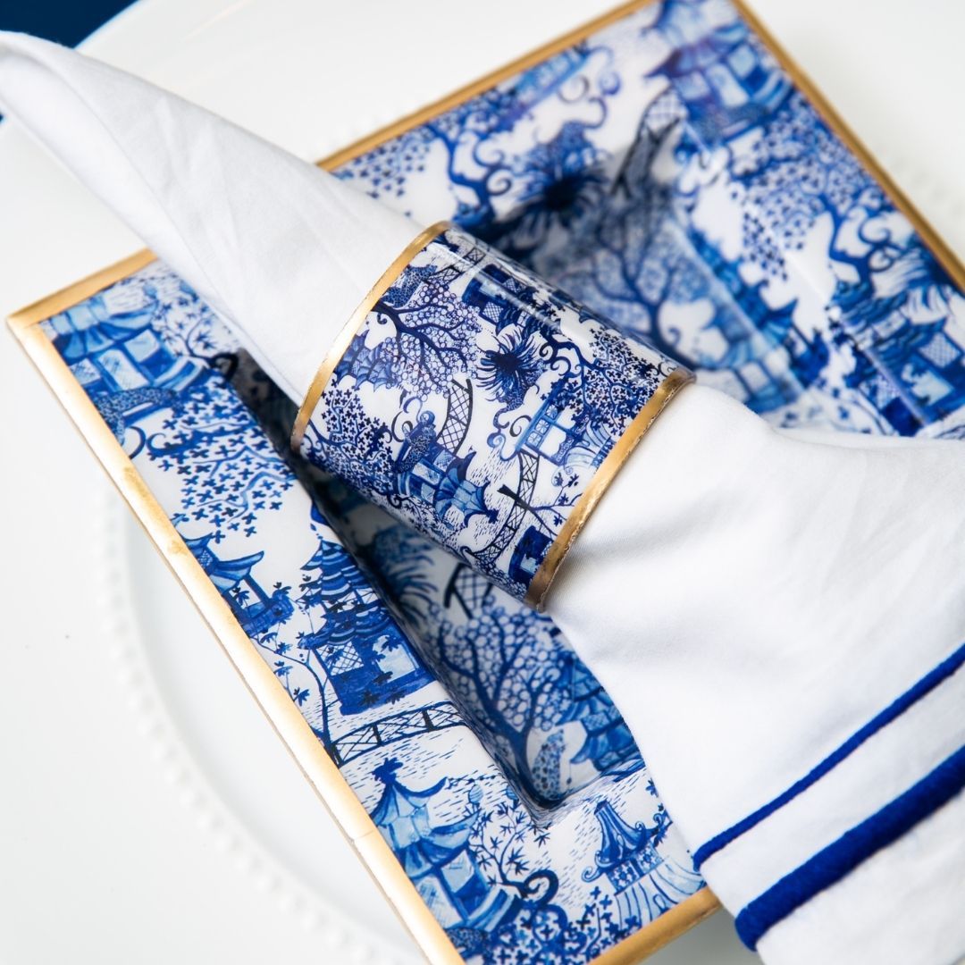Garden Party Enameled White and Blue Napkin Rings for Dinnerware, Table Setting, Dinner Party (Pack of 4) - Avail 03/20 - Napkin Rings from Jaye's Studio