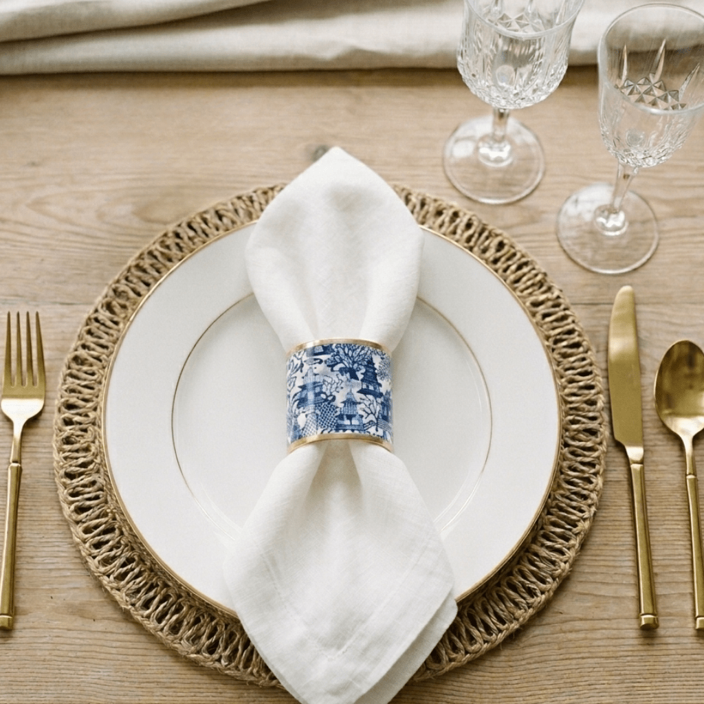 Garden Party Enameled White and Blue Napkin Rings for Dinnerware, Table Setting, Dinner Party (Pack of 4) - Avail 06/26 - Napkin Rings from Jaye's Studio
