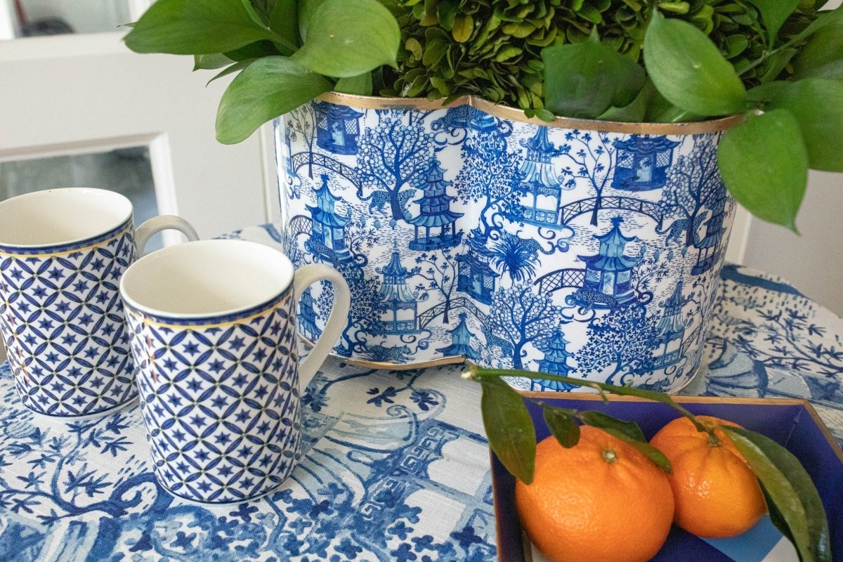 Garden Party Enameled White and Blue Quatrefoil Metal Cachepot Planter For Bedroom, Office, Kitchen and Living Room - Cachepots from Jaye's Studio