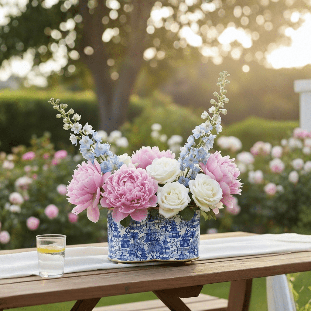 Garden Party Enameled White and Blue Quatrefoil Metal Cachepot Planter For Bedroom, Office, Kitchen and Living Room - Cachepots from Jaye's Studio