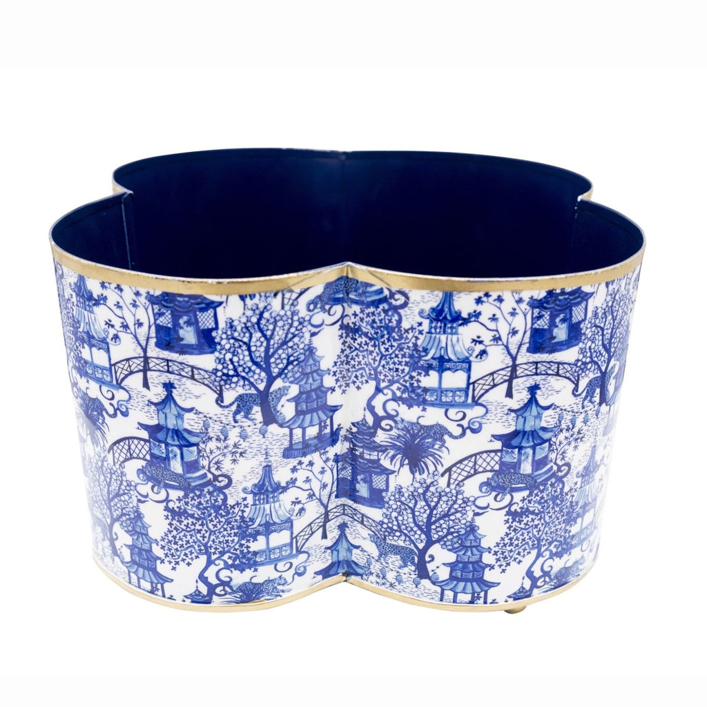 Garden Party Enameled White and Blue Quatrefoil Metal Cachepot Planter For Bedroom, Office, Kitchen and Living Room - Cachepots from Jaye's Studio