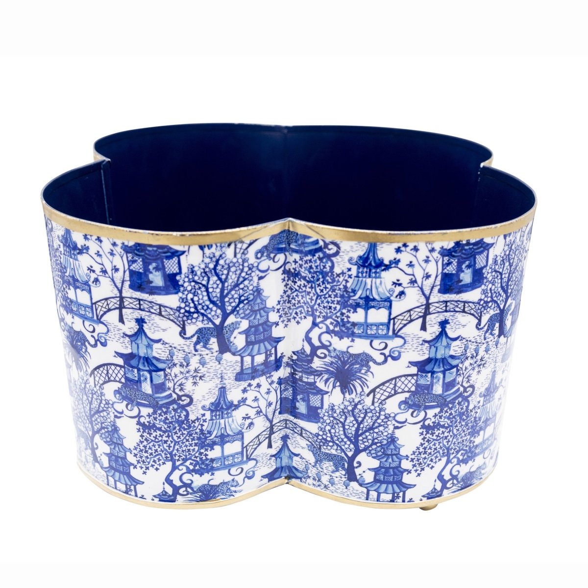 Garden Party Enameled White and Blue Quatrefoil Metal Cachepot Planter For Bedroom, Office, Kitchen and Living Room - Cachepots from Jaye's Studio