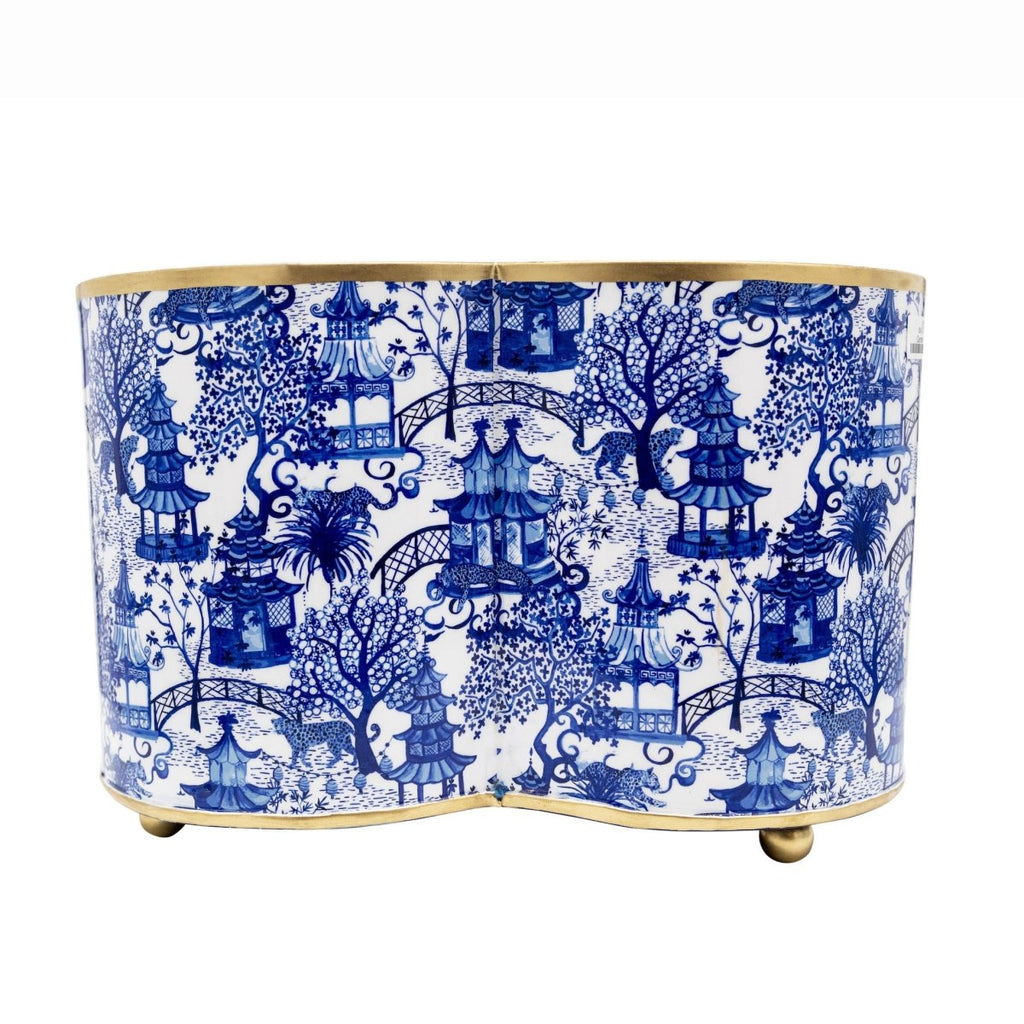 Garden Party Enameled White and Blue Quatrefoil Metal Cachepot Planter For Bedroom, Office, Kitchen and Living Room - Cachepots from Jaye's Studio