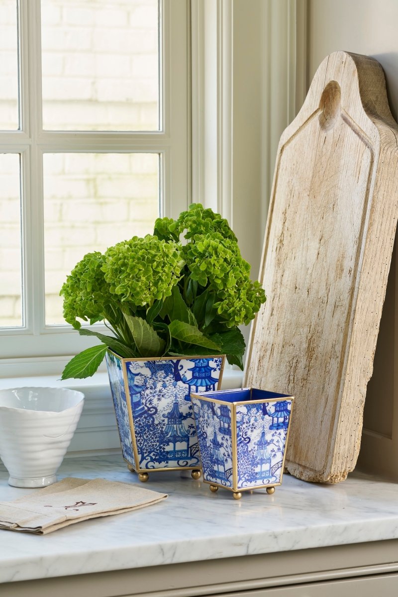 Garden Party Enameled White and Blue Square Metal Cachepot for Bedroom, Office, Kitchen or Living Room - Cachepots from Jaye's Studio