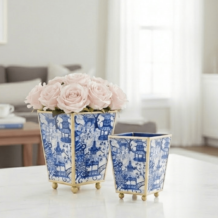 Garden Party Enameled White and Blue Square Metal Cachepot for Bedroom, Office, Kitchen or Living Room - Cachepots from Jaye's Studio