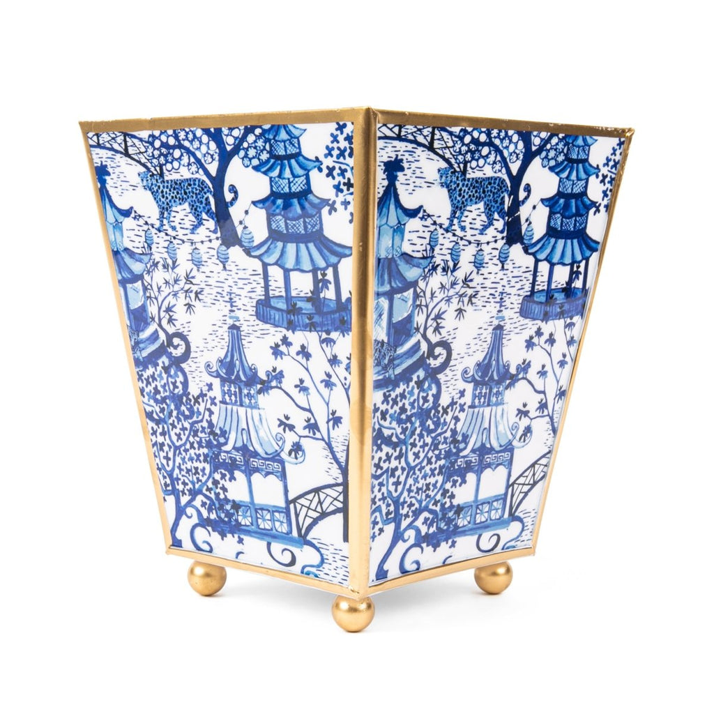 Garden Party Enameled White and Blue Square Metal Cachepot for Bedroom, Office, Kitchen or Living Room - Cachepots from Jaye's Studio