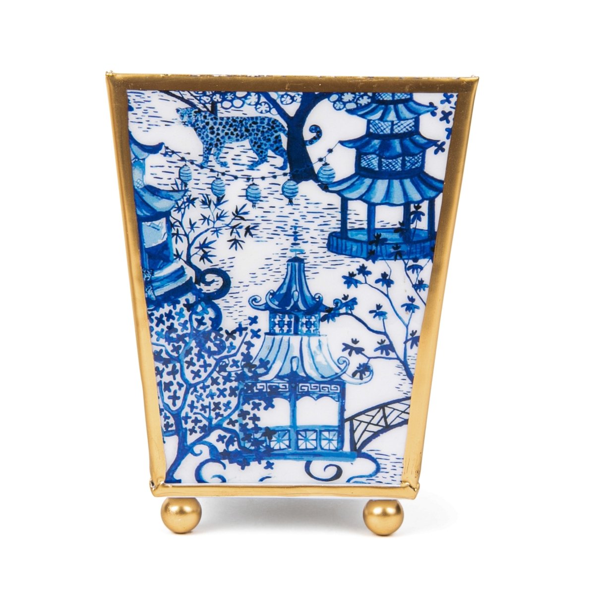 Garden Party Enameled White and Blue Square Metal Cachepot for Bedroom, Office, Kitchen or Living Room - Cachepots from Jaye's Studio