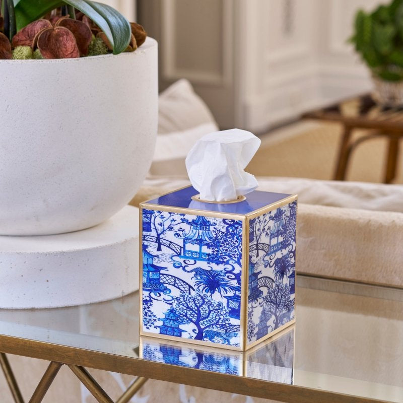 Garden Party Enameled White and Blue Square Metal Tissue Box Cover for Bathroom, Vanity, Bedroom, Home Office - Avail 04/18 - Tissue Box Cover from Jaye's Studio