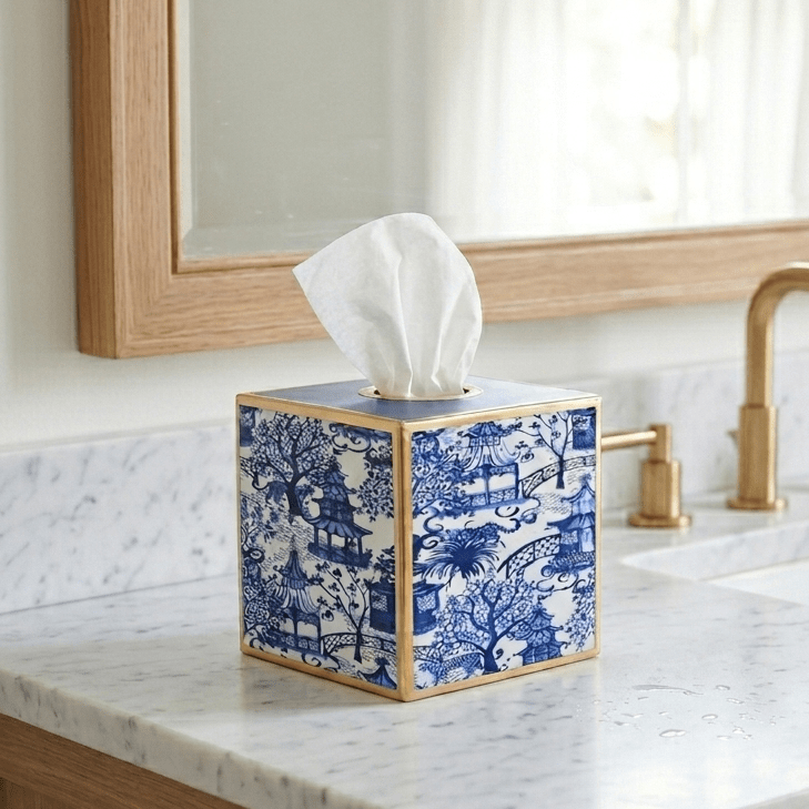 Garden Party Enameled White and Blue Square Metal Tissue Box Cover for Bathroom, Vanity, Bedroom, Home Office - Avail 04/18 - Tissue Box Cover from Jaye's Studio