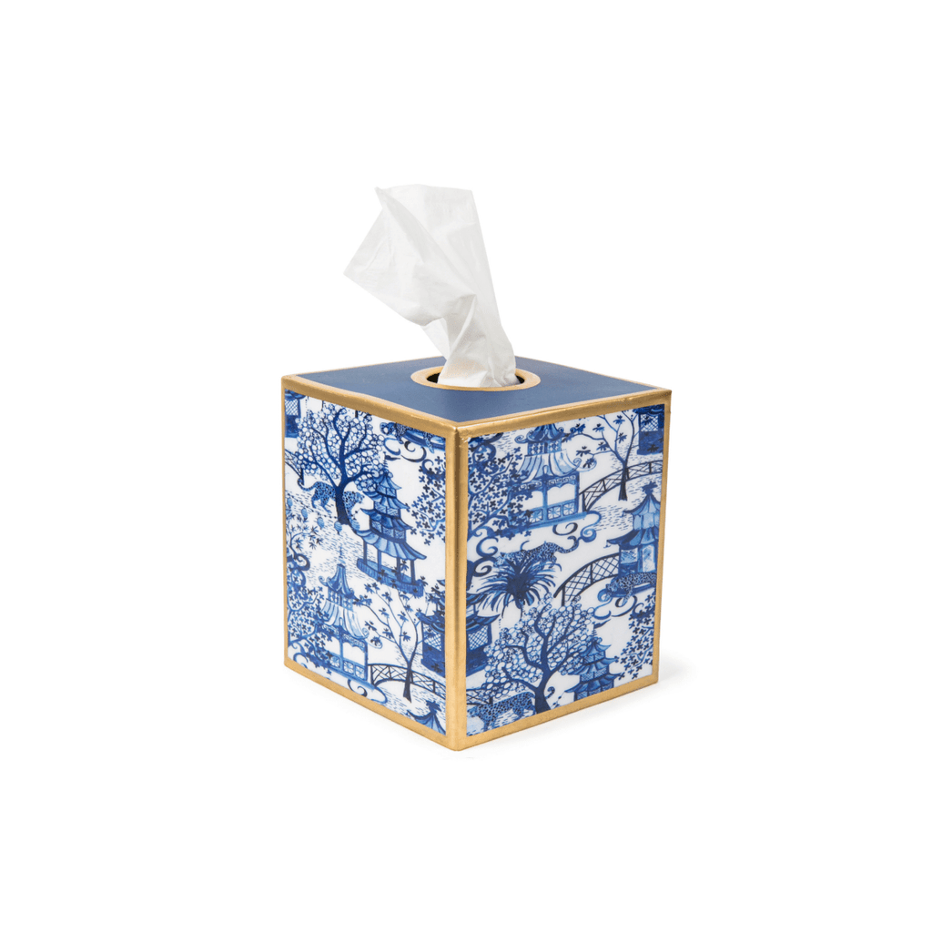 Garden Party Enameled White and Blue Square Metal Tissue Box Cover for Bathroom, Vanity, Bedroom, Home Office - Avail 11/20 - Tissue Box Cover from Jaye's Studio