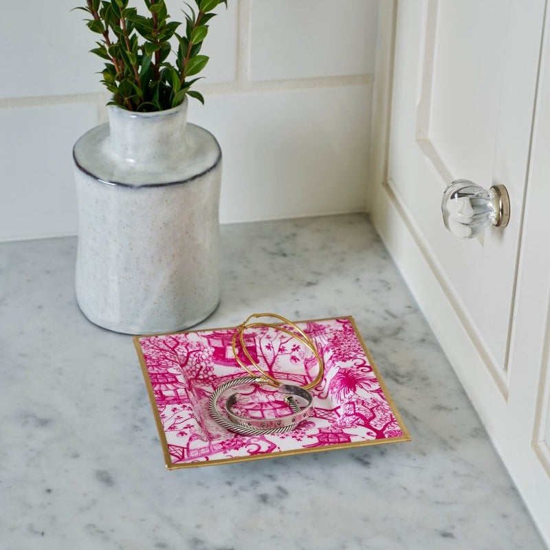 Garden Party White and Pink Enameled Rectangle Catch All Tray, Jewelry Tray for Bathroom, Vanity - Decorative Landry Tray - Trinket Trays from Jaye's Studio