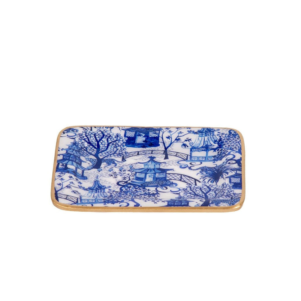 Garden Party White with Blue Enameled Rectangle Soap Dish, Catch All Tray, Jewelry Tray for Bathroom, Vanity, Sink - Decorative Laney Tray - Trinket Trays from Jaye's Studio