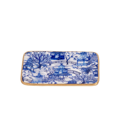 Garden Party White with Blue Enameled Rectangle Soap Dish, Catch All Tray, Jewelry Tray for Bathroom, Vanity, Sink - Decorative Laney Tray - Trinket Trays from Jaye's Studio