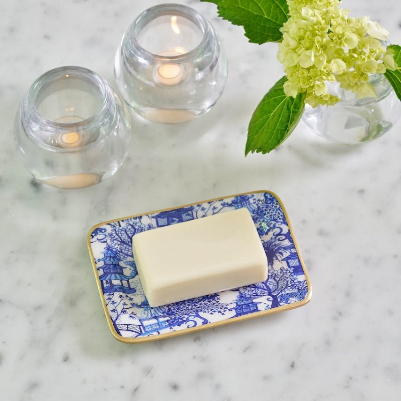 Garden Party White with Blue Enameled Rectangle Soap Dish, Catch All Tray, Jewelry Tray for Bathroom, Vanity, Sink - Decorative Laney Tray - Trinket Trays from Jaye's Studio