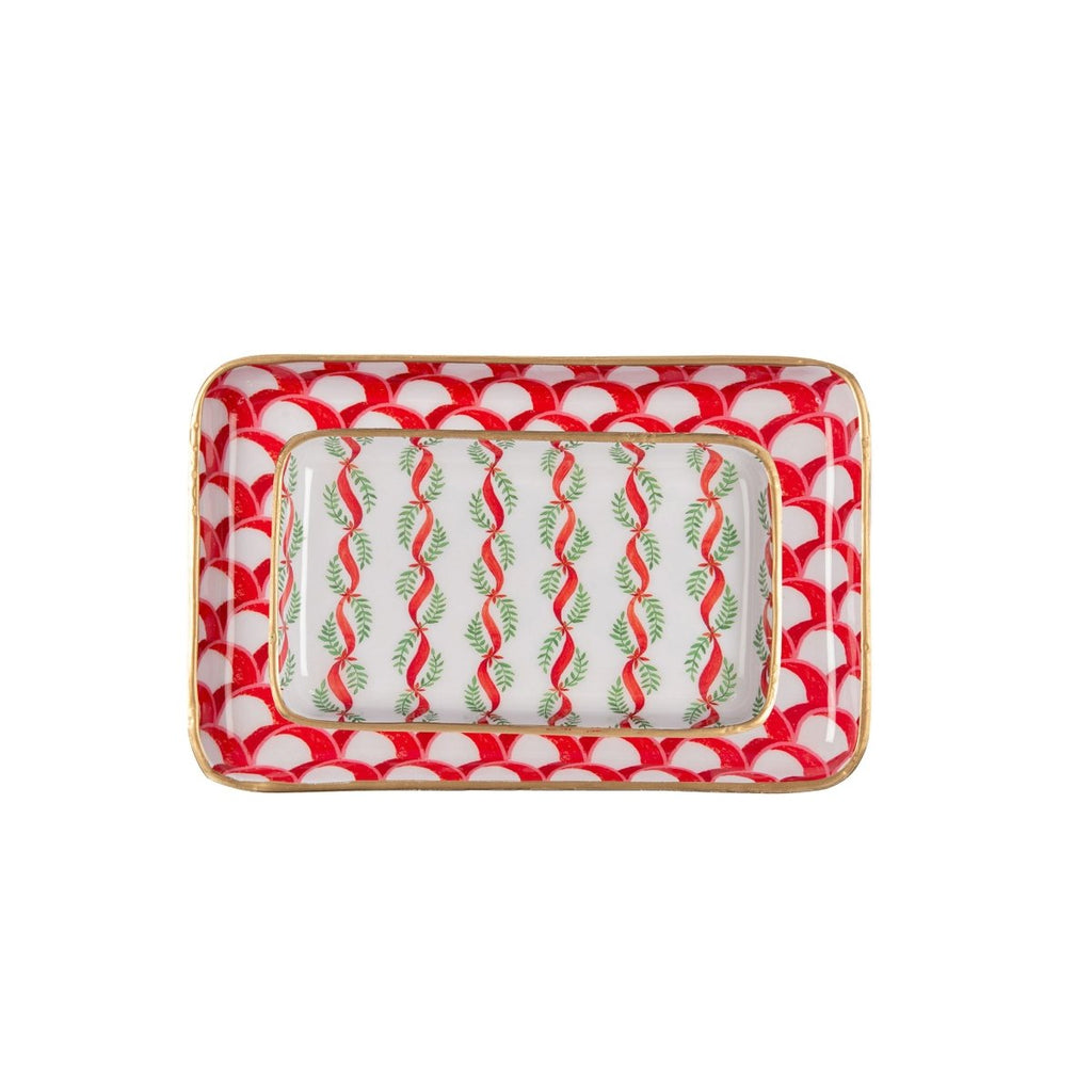 Garland Twist Red and Green Enameled Set of 2 Rectangle Vanity Trays, Catch All Trays - Rowan Decorative Trays - Decorative Trays from Jaye's Studio