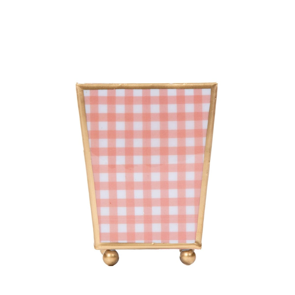 Gingham Enameled Coral Square Metal Cachepot Planter for Bedroom, Home Office, Kitchen, Living Room - Cachepots from Jaye's Studio
