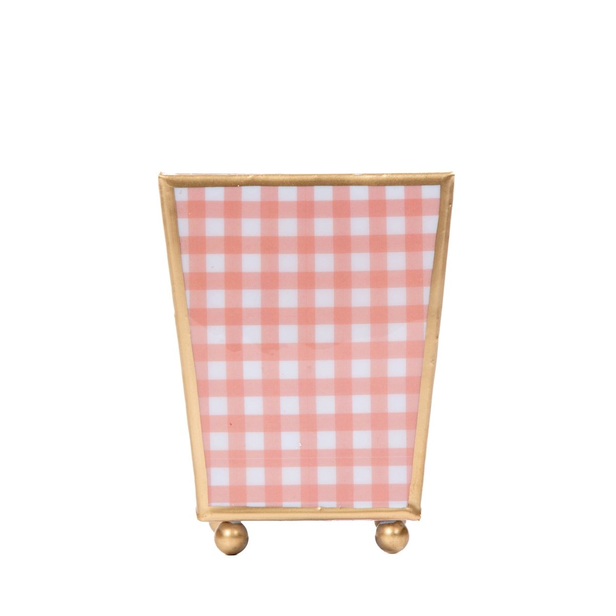 Gingham Enameled Coral Square Metal Cachepot Planter for Bedroom, Home Office, Kitchen, Living Room - Cachepots from Jaye's Studio