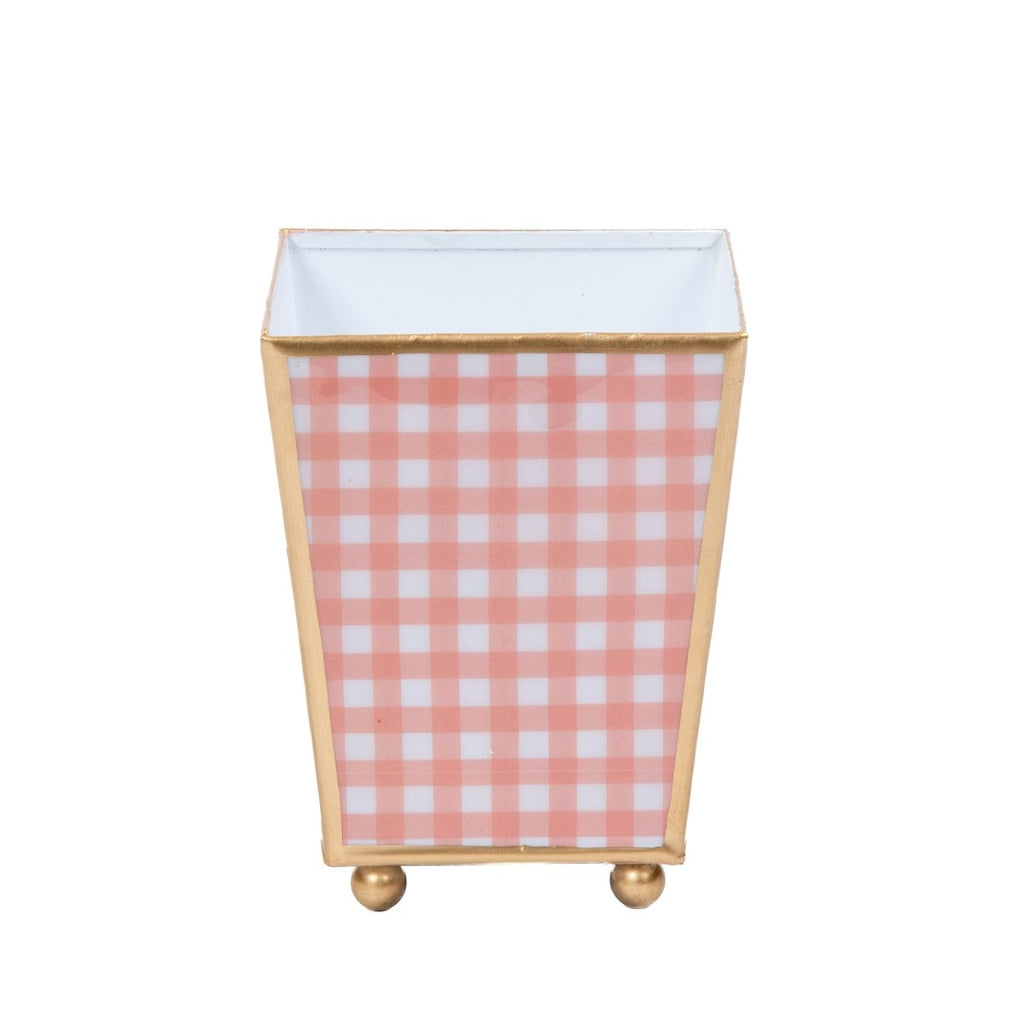 Gingham Enameled Coral Square Metal Cachepot Planter for Bedroom, Home Office, Kitchen, Living Room - Cachepots from Jaye's Studio