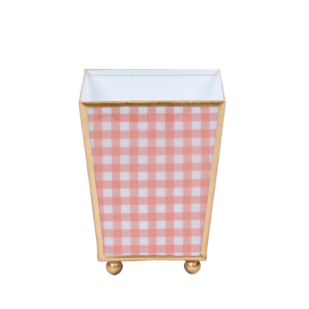 Gingham Enameled Coral Square Metal Cachepot Planter for Bedroom, Home Office, Kitchen, Living Room - Cachepots from Jaye's Studio