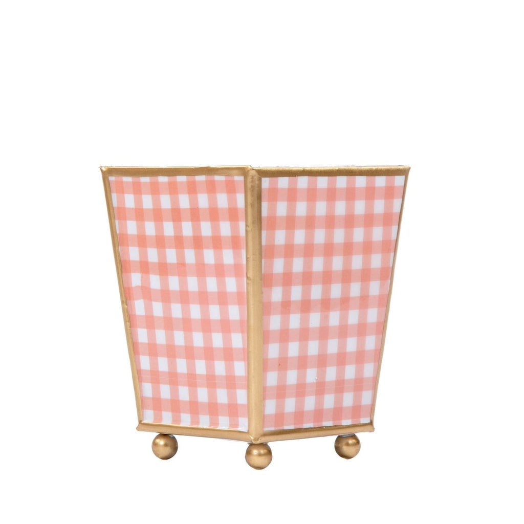 Gingham Enameled Coral Square Metal Cachepot Planter for Bedroom, Home Office, Kitchen, Living Room - Cachepots from Jaye's Studio