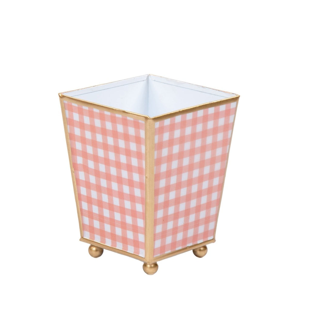 Gingham Enameled Coral Square Metal Cachepot Planter for Bedroom, Home Office, Kitchen, Living Room - Cachepots from Jaye's Studio