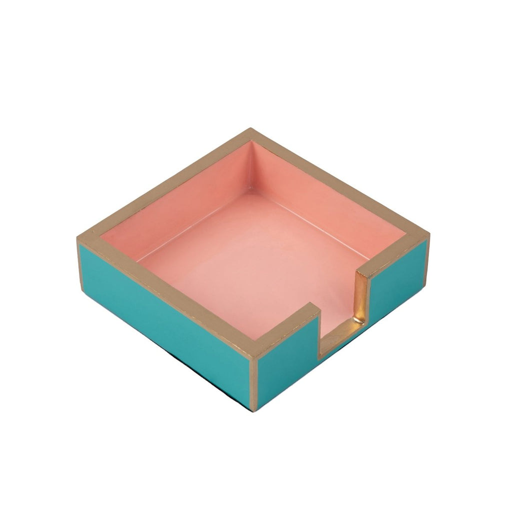 Gracie Enameled Turquoise and Blush Square Wooden Cocktail Napkin Tray for Barware, Serving, Entertaining - Amelia Decorative Tray - Serving Trays from Jaye's Studio