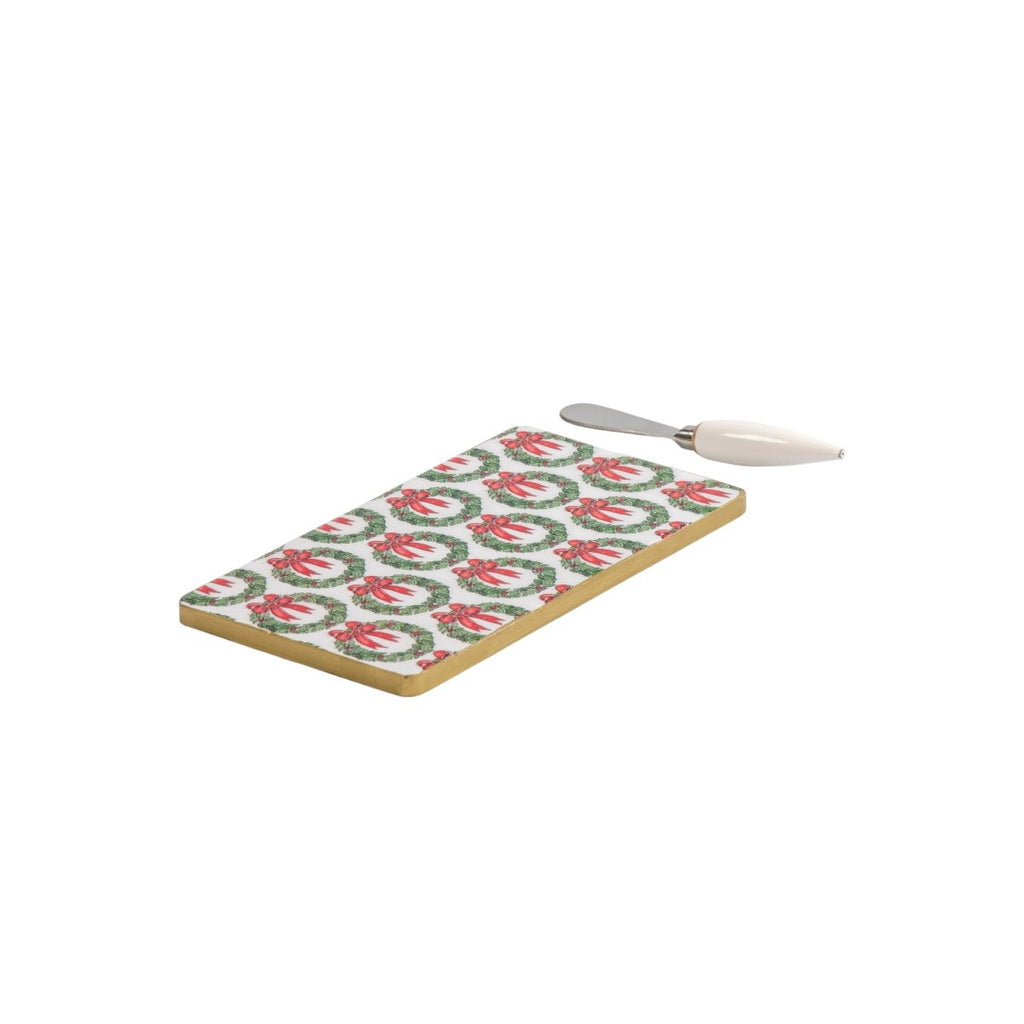 Holly Wreath Bow Amelia Enameled Red and Green Charcuterie Board, Wooden Cutting Board, Chopping Board for Serving, Food & Meat Prep - Cutting Board from Jaye's Studio