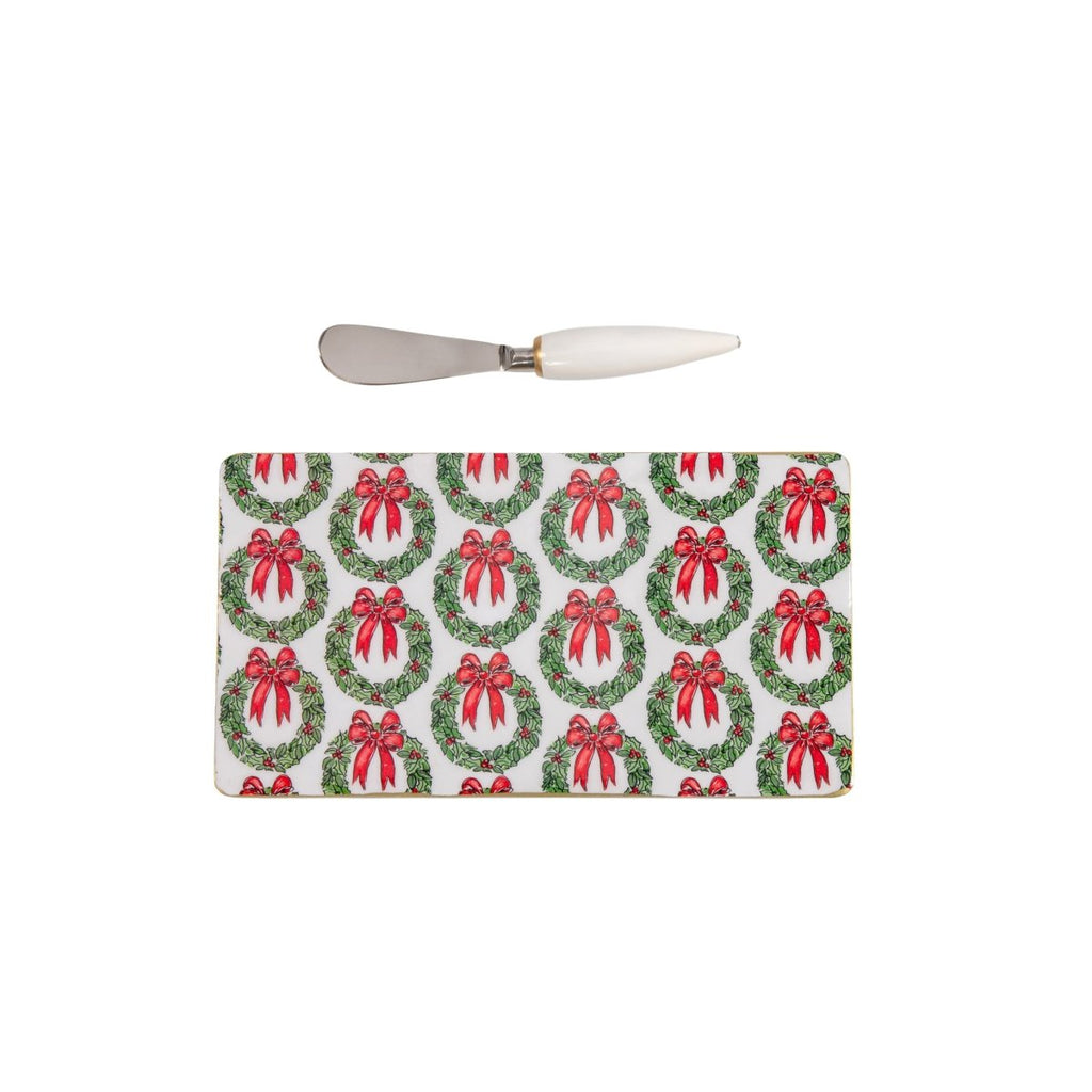 Holly Wreath Bow Amelia Enameled Red and Green Charcuterie Board, Wooden Cutting Board, Chopping Board for Serving, Food & Meat Prep - Cutting Board from Jaye's Studio
