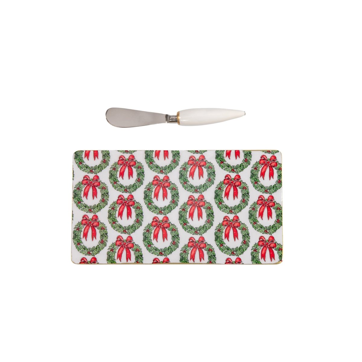 Holly Wreath Bow Amelia Enameled Red and Green Charcuterie Board, Wooden Cutting Board, Chopping Board for Serving, Food & Meat Prep - Cutting Board from Jaye's Studio