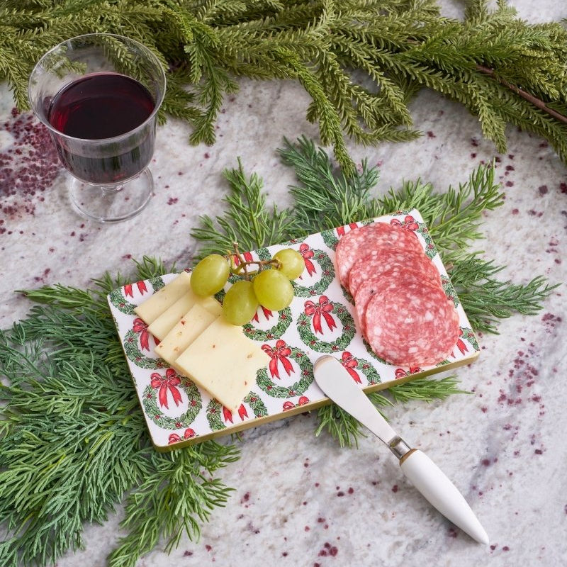 Holly Wreath Bow Amelia Enameled Red and Green Charcuterie Board, Wooden Cutting Board, Chopping Board for Serving, Food & Meat Prep - Cutting Board from Jaye's Studio