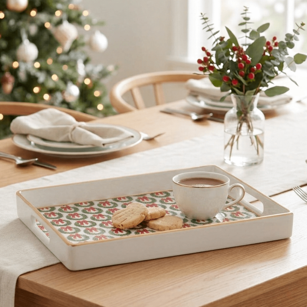 Holly Wreath Bow Enameled Rectangular Tray 10x15 - Serving Trays from Jaye's Studio