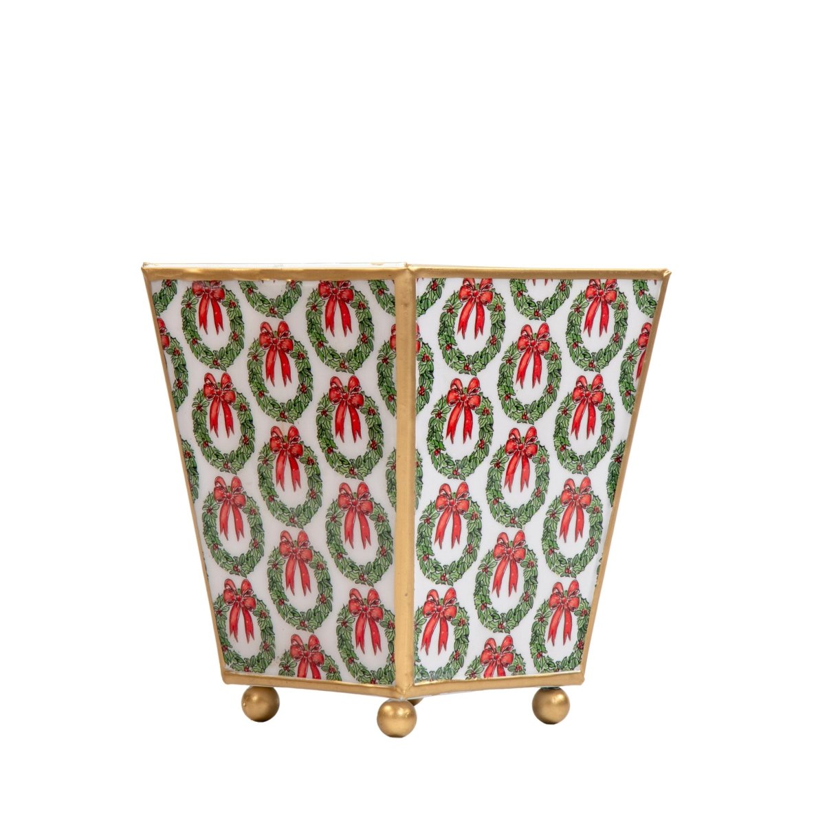 Holly Wreath Bow Enameled Red and Green Square Metal Cachepot Planter for Bedroom, Home Office, Kitchen, Living Room - Cachepots from Jaye's Studio