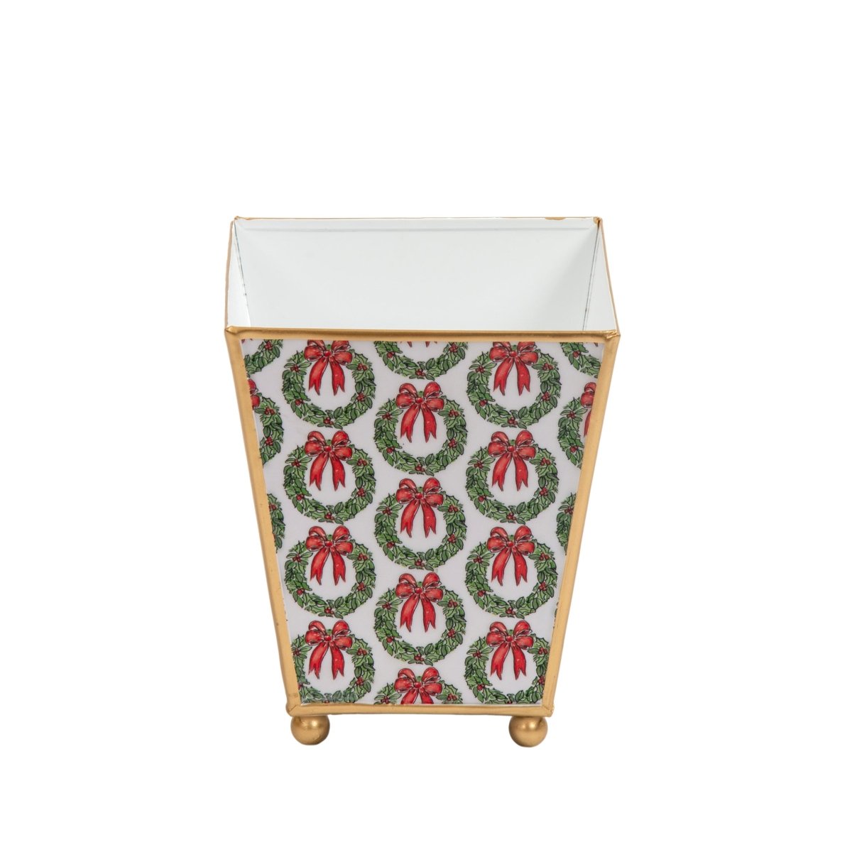 Holly Wreath Bow Enameled Red and Green Square Metal Cachepot Planter for Bedroom, Home Office, Kitchen, Living Room - Cachepots from Jaye's Studio