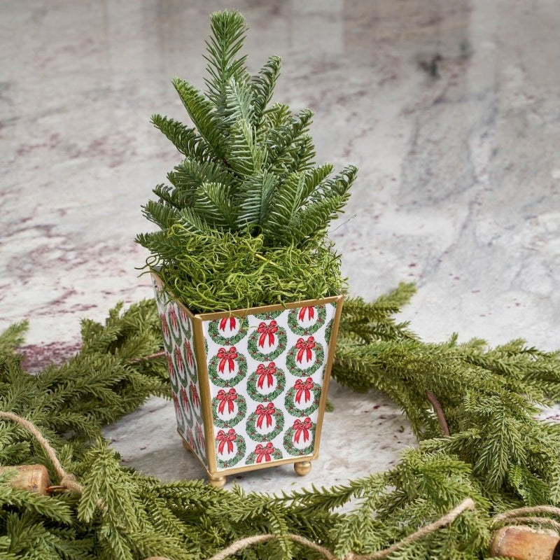 Holly Wreath Bow Enameled Red and Green Square Metal Cachepot Planter for Bedroom, Home Office, Kitchen, Living Room - Cachepots from Jaye's Studio