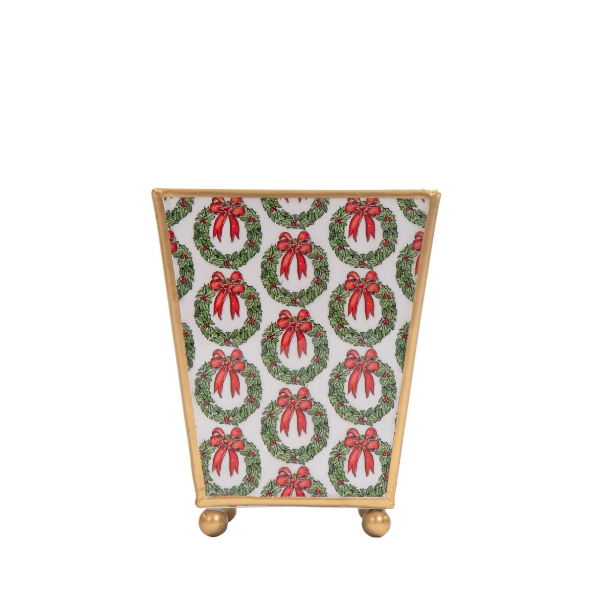 Holly Wreath Bow Enameled Red and Green Square Metal Cachepot Planter for Bedroom, Home Office, Kitchen, Living Room - Cachepots from Jaye's Studio
