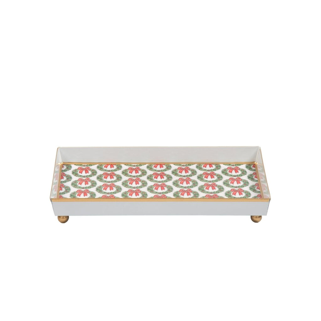 Holly Wreath Bow Red and Green Enameled Rectangle Vanity Tray for Bathroom, Vanity, Bedroom - Oliver Decorative Tray - Vanity Trays from Jaye's Studio
