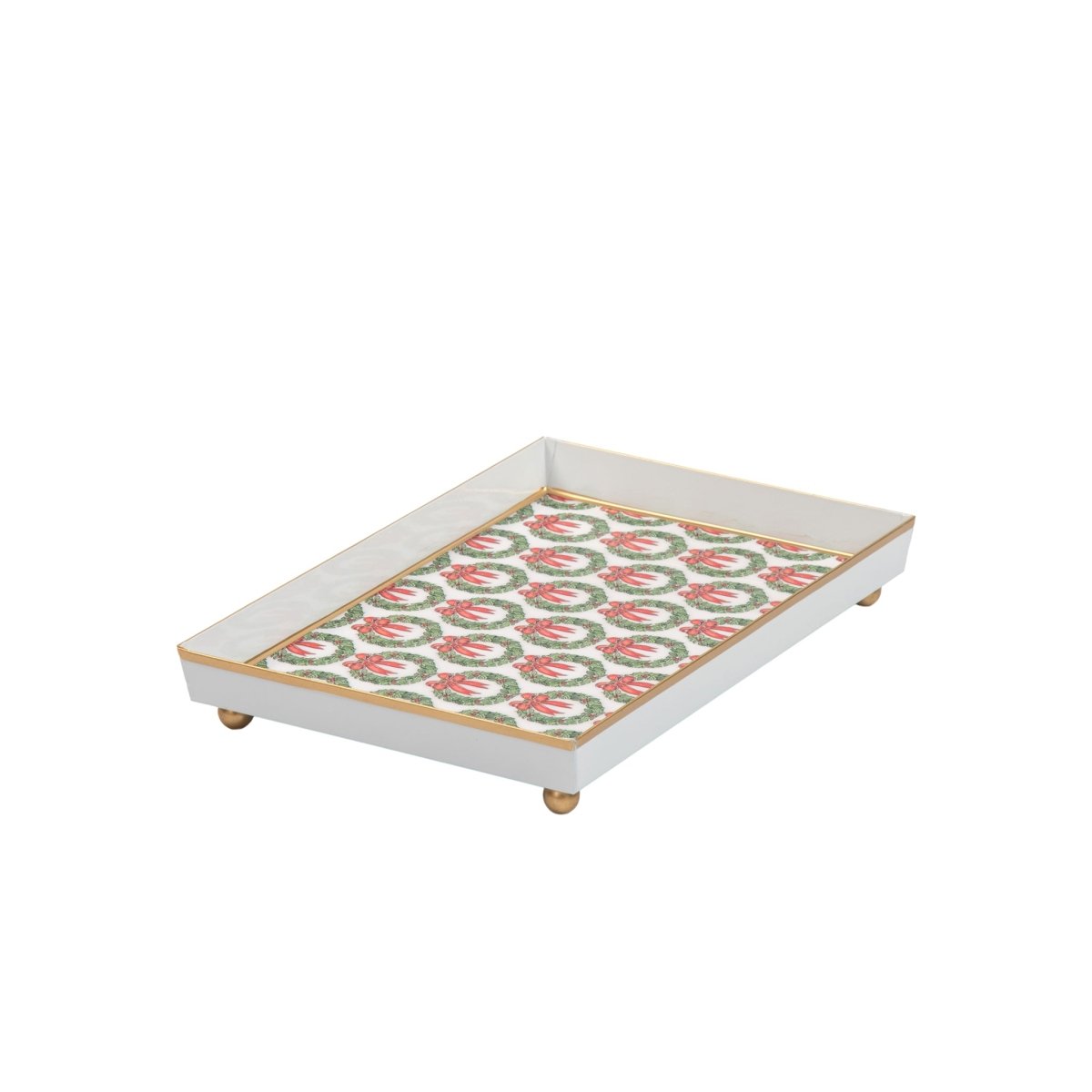 Holly Wreath Bow Red and Green Enameled Rectangle Vanity Tray for Bathroom, Vanity, Bedroom - Oliver Decorative Tray - Vanity Trays from Jaye's Studio